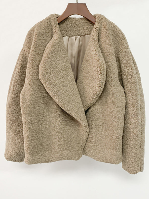 Autumn and winter short silhouette lambs plush coat lapel plush women's wool sweater kakaclo