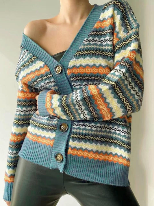 New Fashionable Contrast Color Knitted Sweater Cardigan Jacket Sweater kakaclo