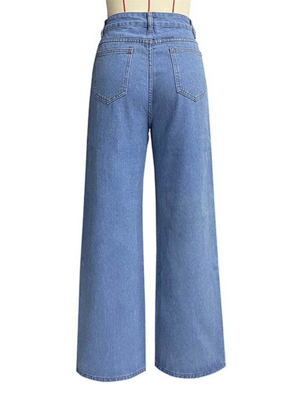 Women's high waist wide leg pants street style washed jeans kakaclo