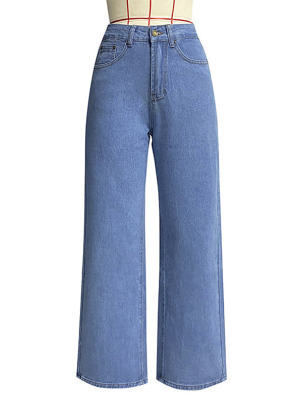 Women's high waist wide leg pants street style washed jeans kakaclo