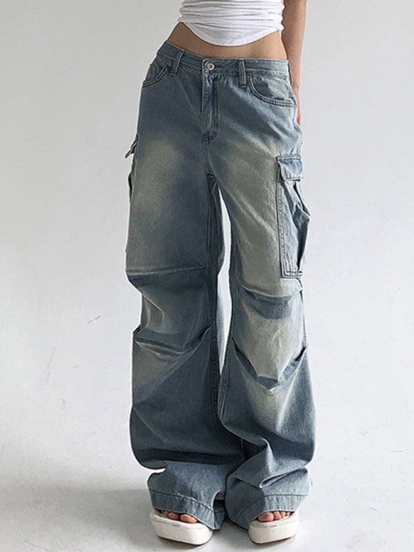 New street style distressed washed pocket splicing jeans loose straight trousers kakaclo