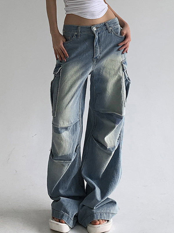 New street style distressed washed pocket splicing jeans loose straight trousers kakaclo