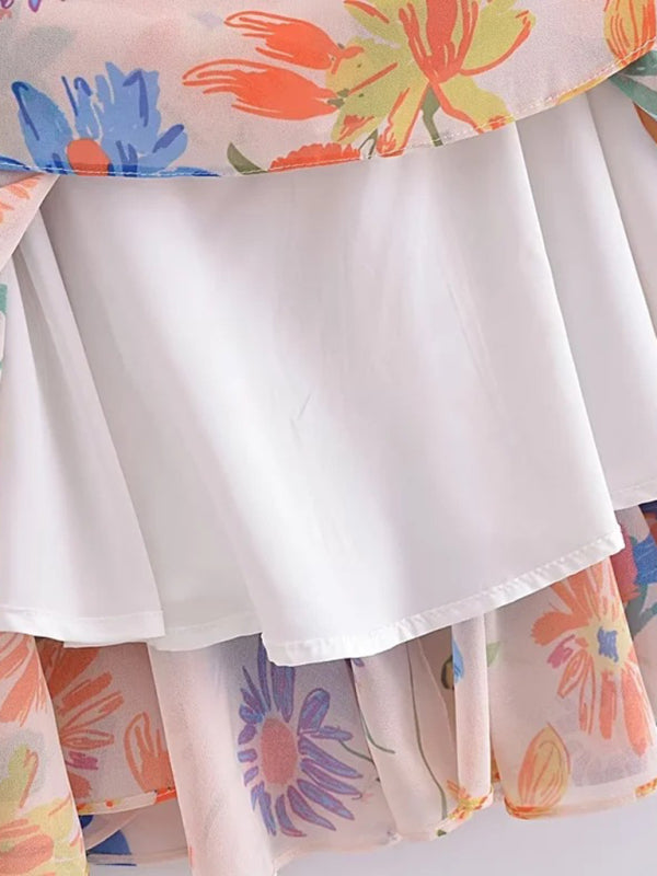 Women's French seaside resort style romantic printed suspender waist pleated short dress kakaclo